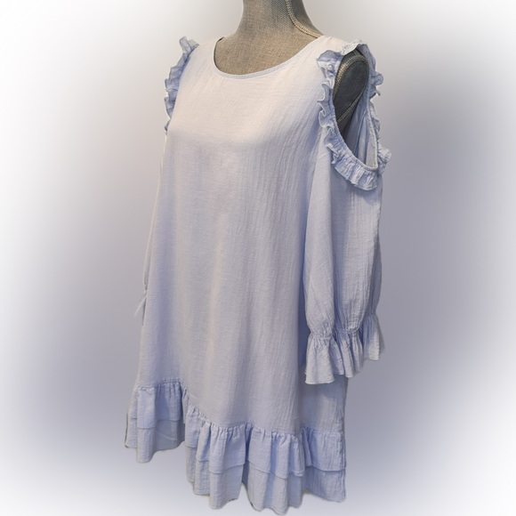 PAISLEY VINE Powder blue shoulderless long sleeve dress! Ruffles galore Excell L - Picture 7 of 8